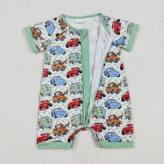 Baby Infant Boys Car Racing Green Checkered Zip Rompers