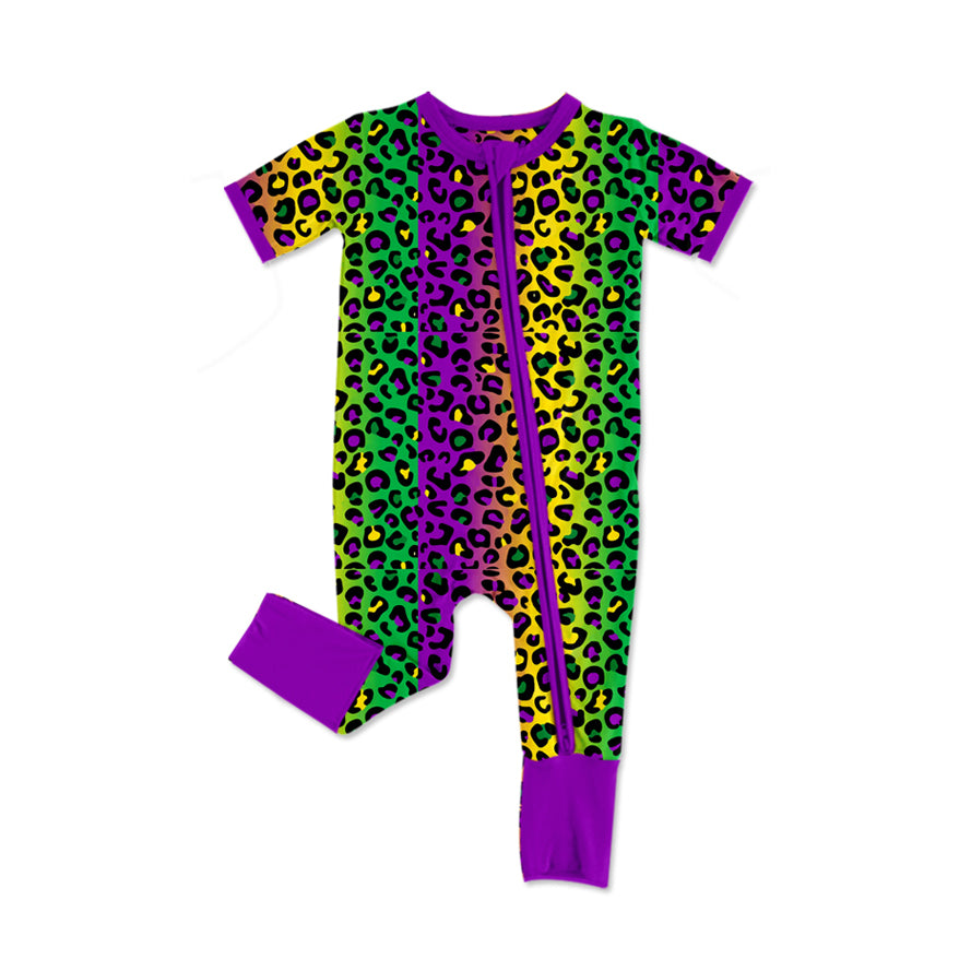 Baby Infant Girls Mardi Gras Leopard Zip Rompers preorder