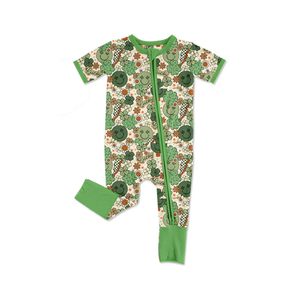 Baby Infant Boys St Patrick Day Smile Quatrefoil Zip Rompers preorder