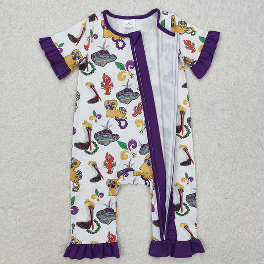 Baby Infant Girls Mardi Gras Bird Crawfish Ruffle Zip Rompers