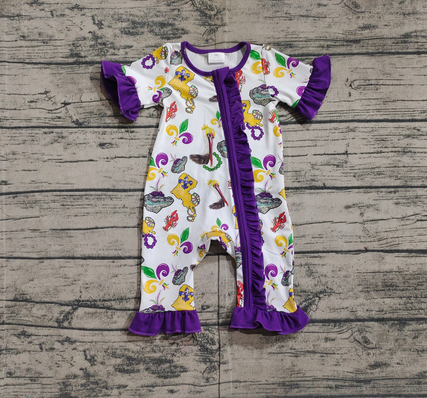 Baby Infant Girls Mardi Gras Bird Crawfish Ruffle Zip Rompers
