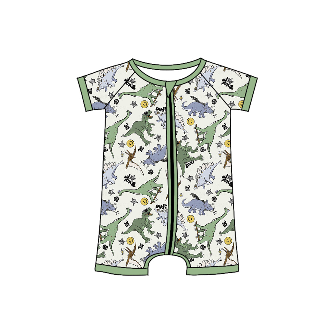 Baby Infant Boys Green Dinosaurs Short Sleeve Zip Rompers preorder