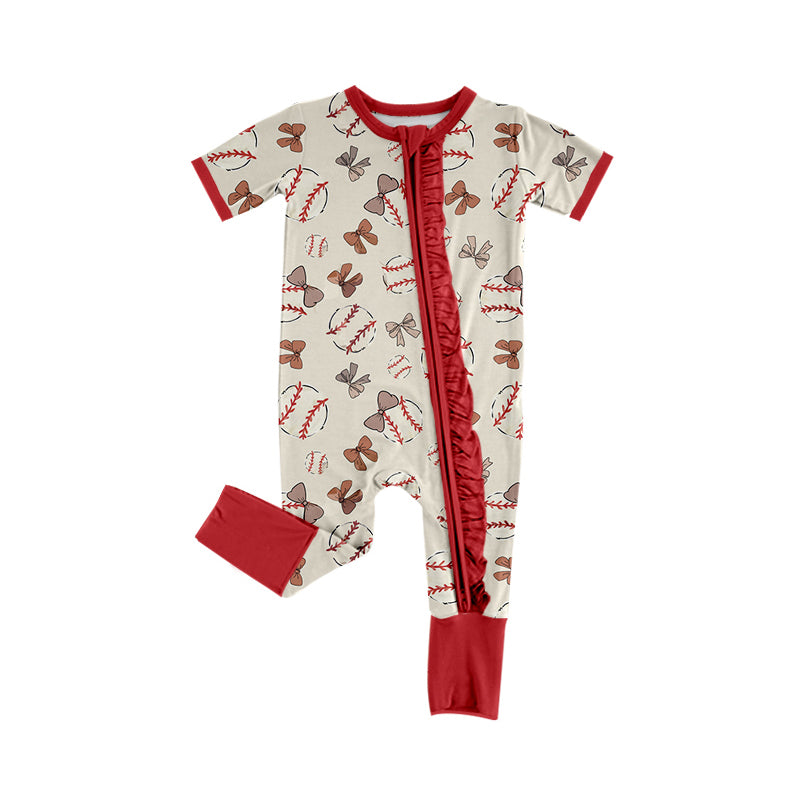 Preorder moq 5 Baby Infant Girls Red Bows Baseball Short Sleeve Zip Rompers
