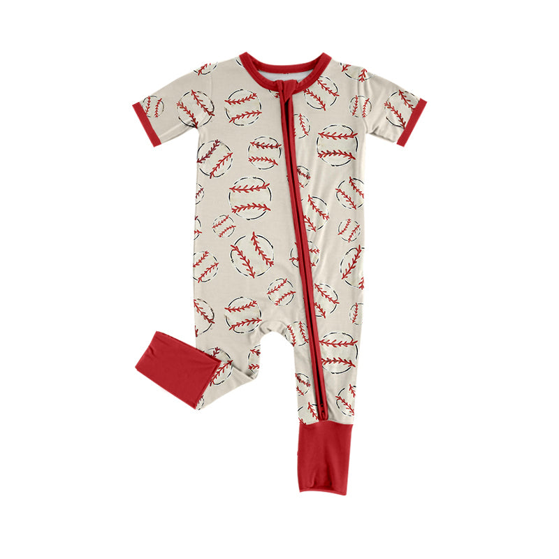 Baby Infant Girls Red Baseball Short Sleeve Zip Rompers preorder