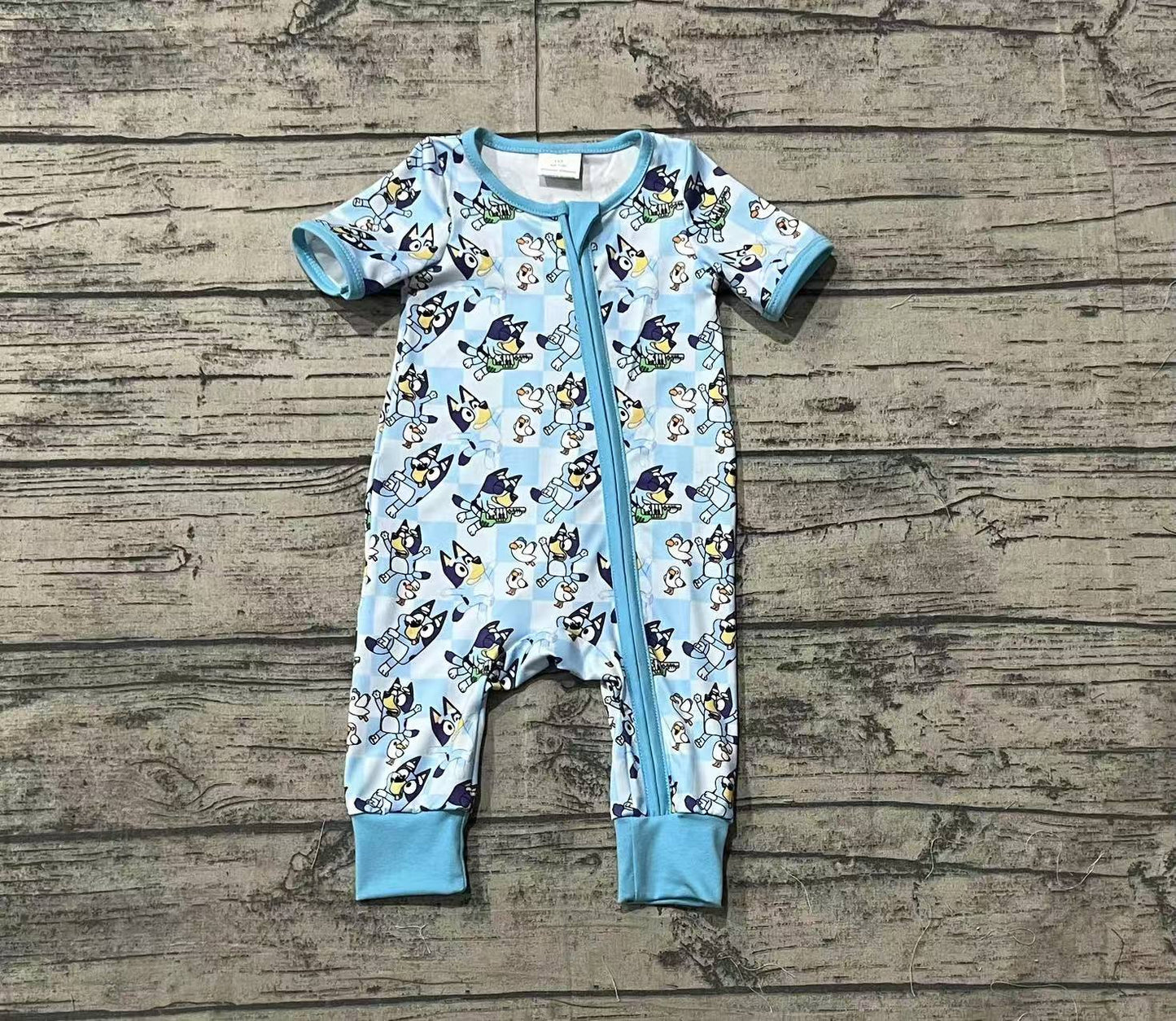 Baby Infant Boys Blue Checkered Dogs Short Sleeve Zip Rompers