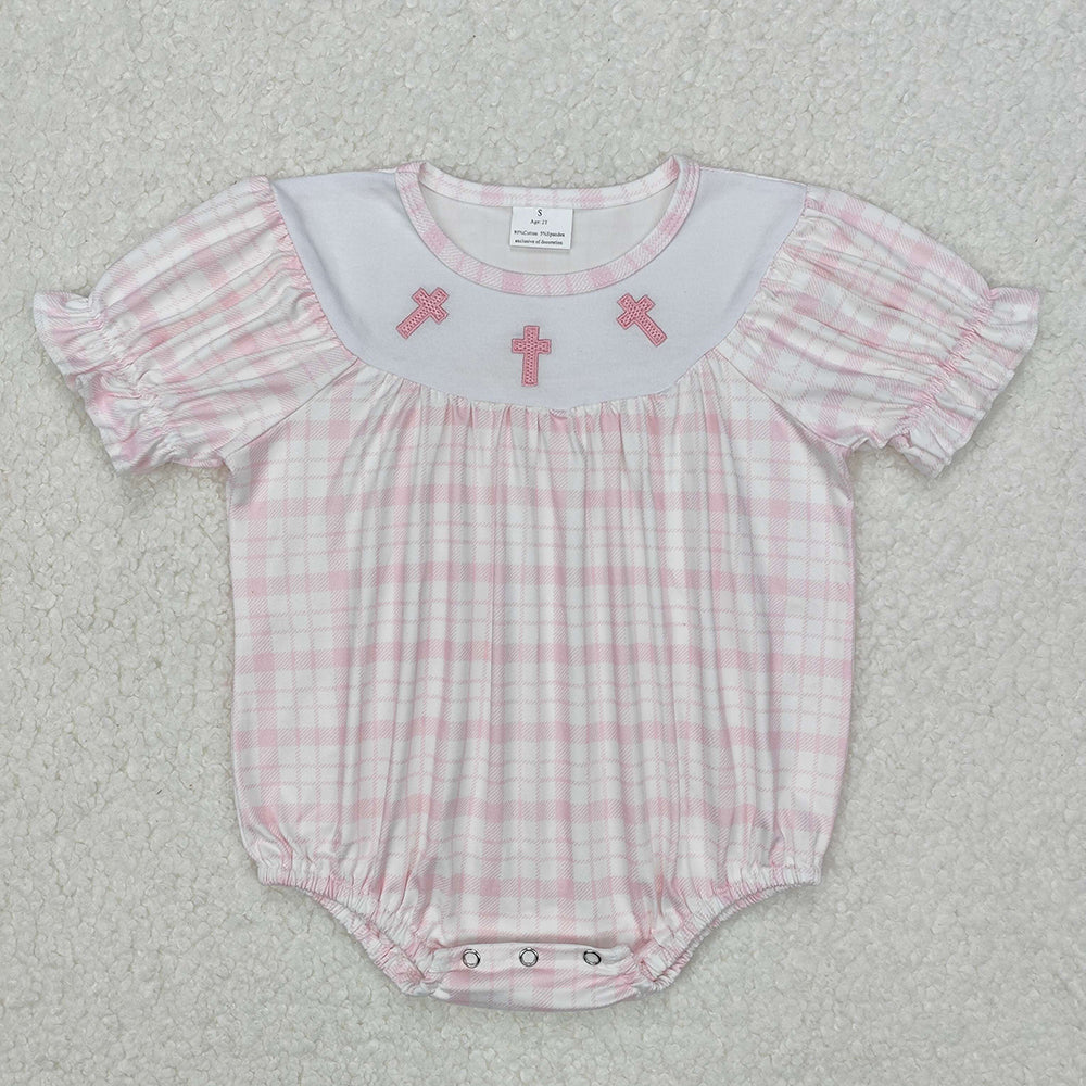 Baby Infant Girls Pink Checkered Easter Cross Rompers