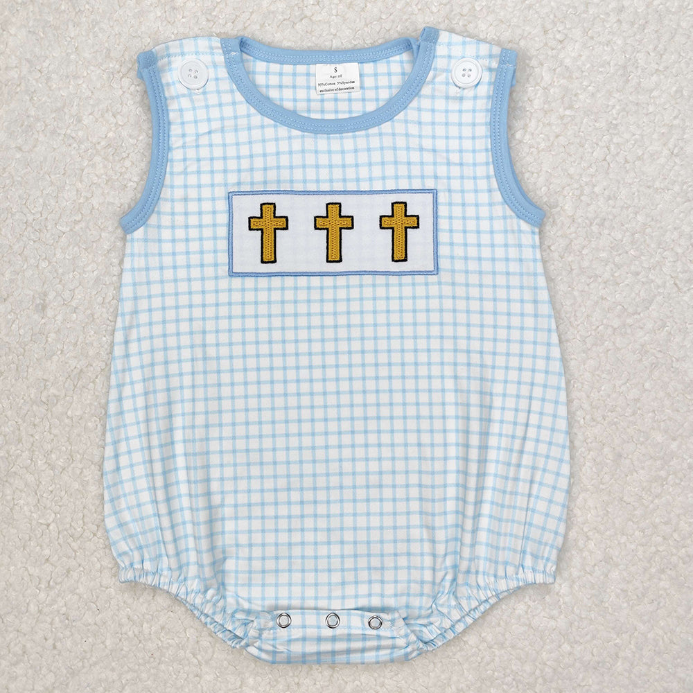 Embroidery Baby Infant Boys Blue Checkered Easter Cross Rompers