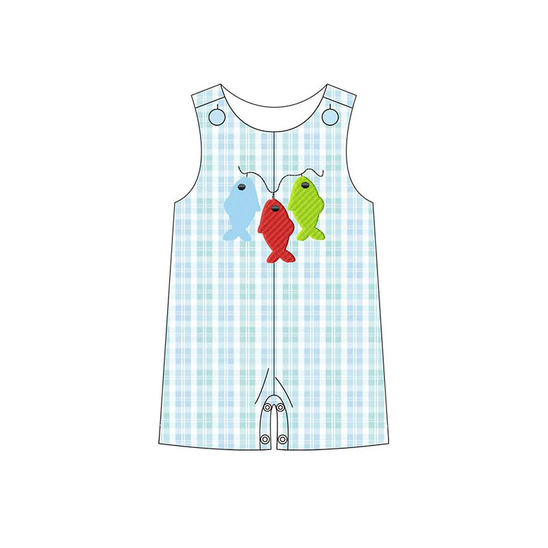 Baby Infant Boys Green Checkered Fishing Rompers preorder