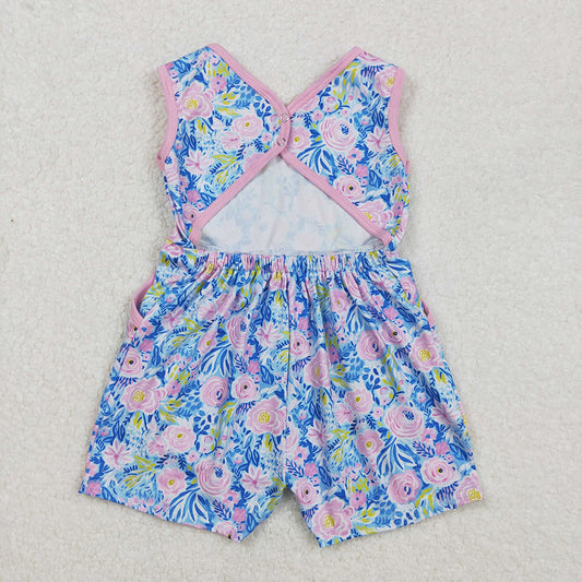 Baby Girls Blue Pink Flowers Sleeveless Bows Shorts Jumpsuits