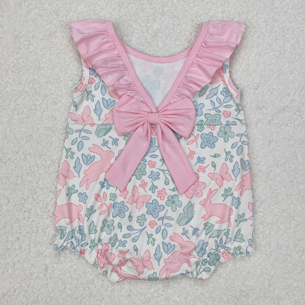 Sibling Baby Girls Pink Easter Rabbits Rompers Outfits Sets