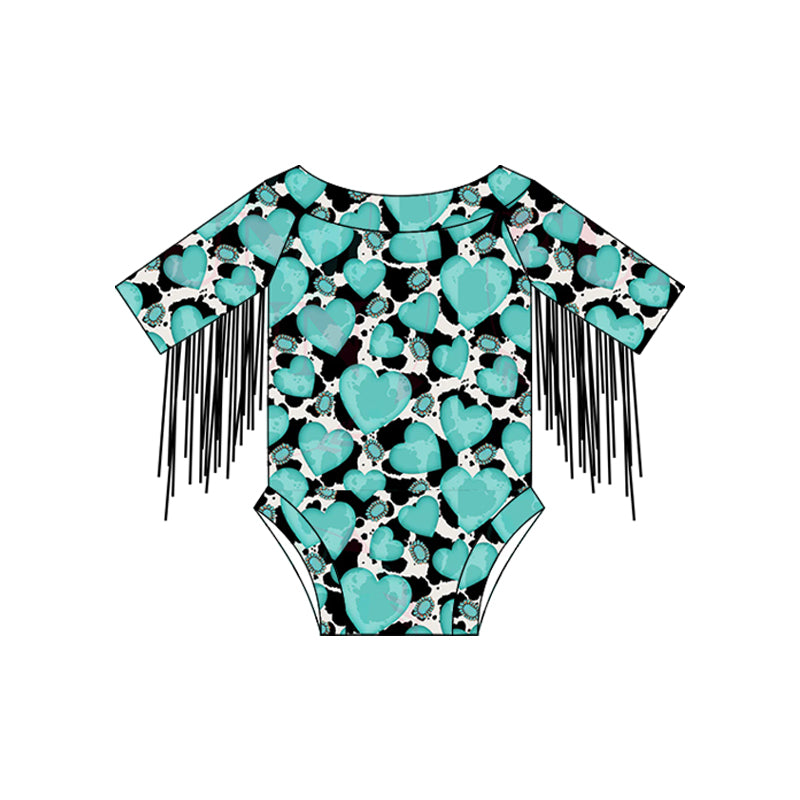 Baby Infant Girls Tassels Turquoise Hearts Western Rompers preorder