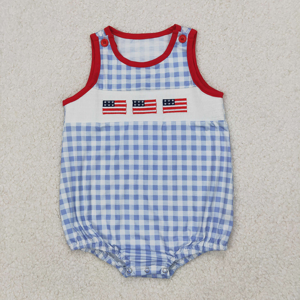Smocked Baby Infant Boys 4th Of July Flags Sleeveless Rompers