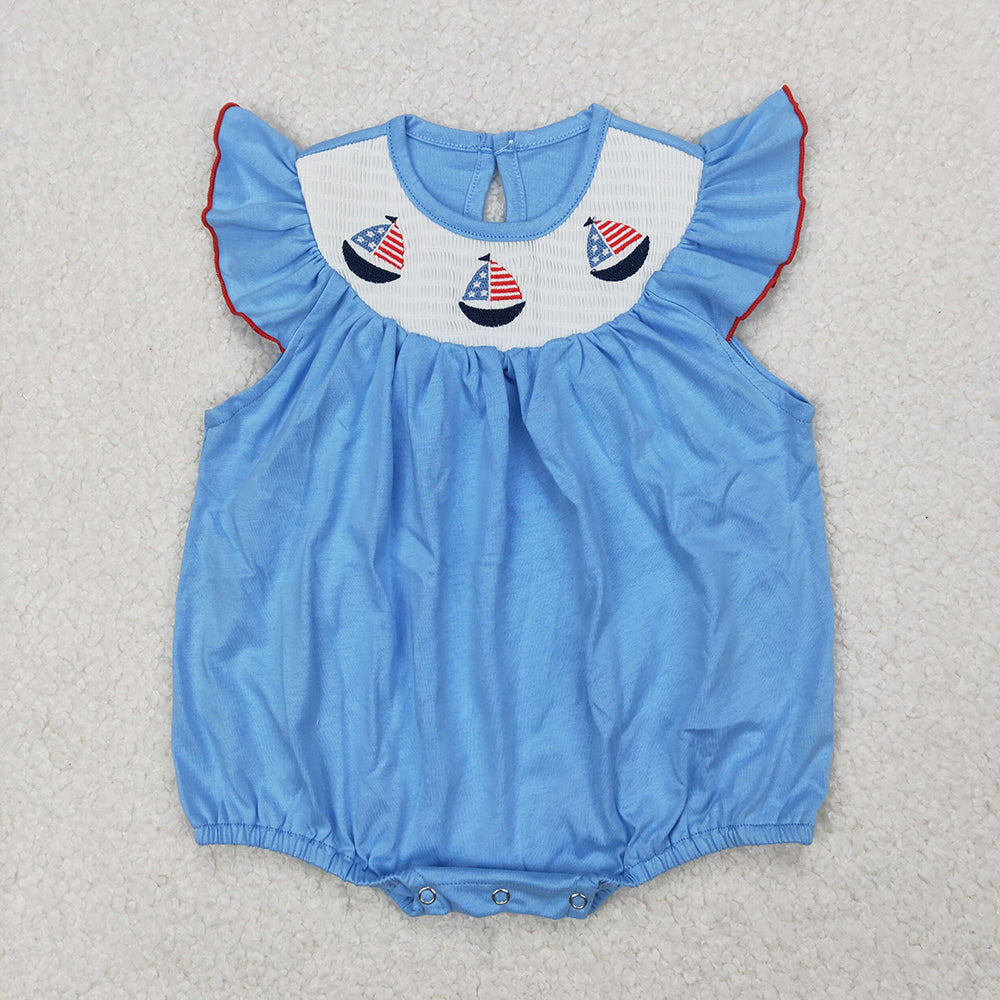 Smocked Baby Infant Girls 4th Of July Sailboats Rompers