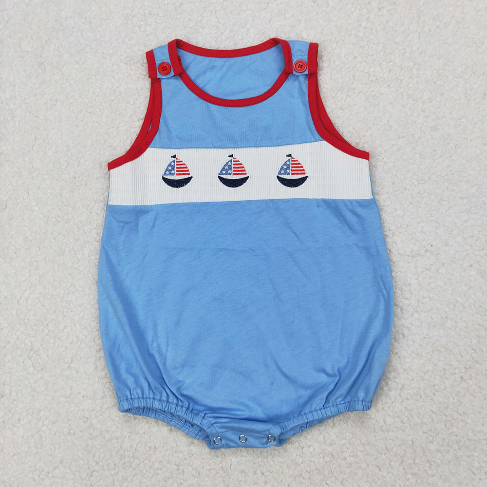Smocked Baby Infant Boys 4th Of July Sailboats Sleeveless Rompers