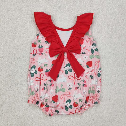 Baby Infant Girls Strawberry Bows Sleeveless Rompers
