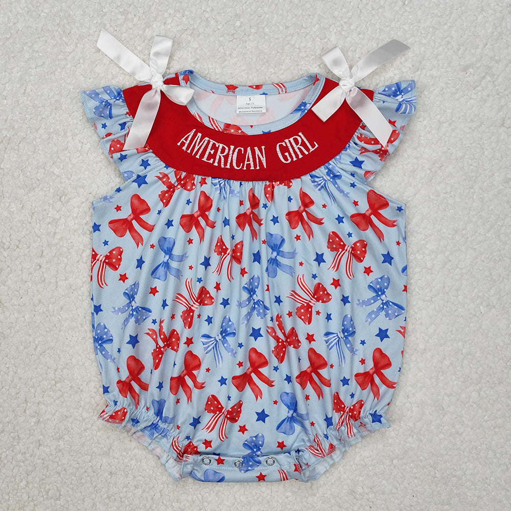 Embroidery Baby Infant Girls American Girl Bows Rompers