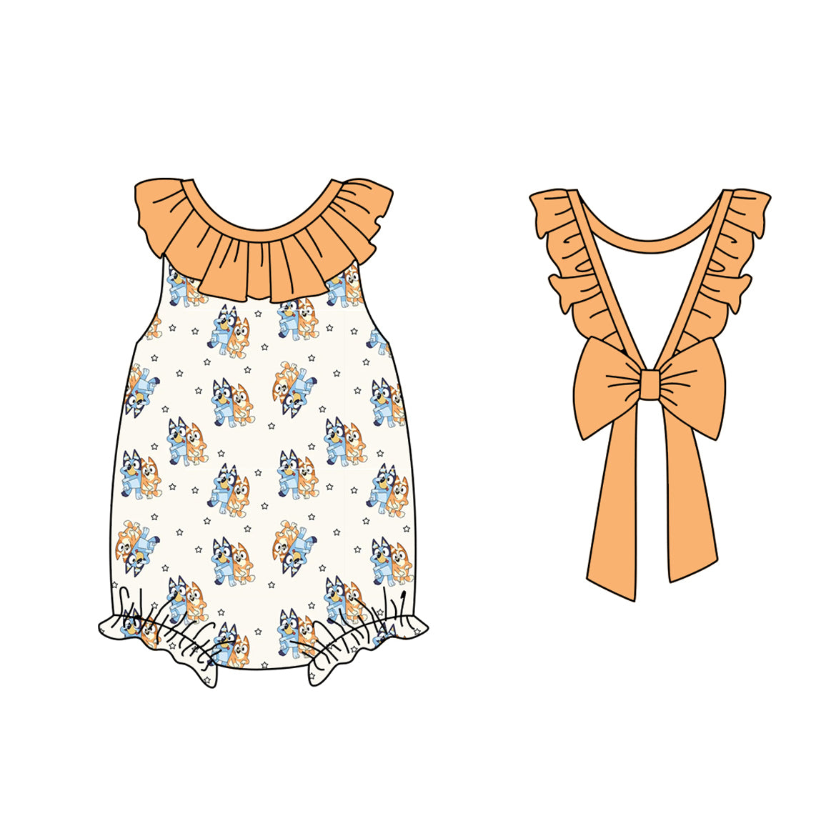 Baby Infant Girls Orange Dog Bow Stars Ruffle Rompers preorder