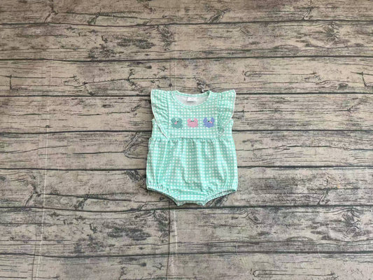 Embroidery Baby Infant Girls Green Checkered Crabs Rompers