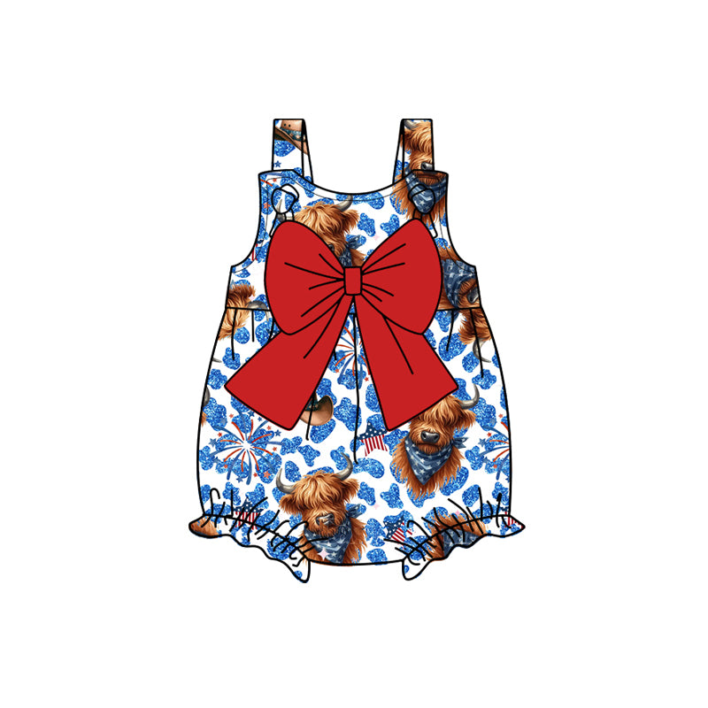 Baby Infant Girls 4th Of July Highland Cow Bow Rompers preorder
