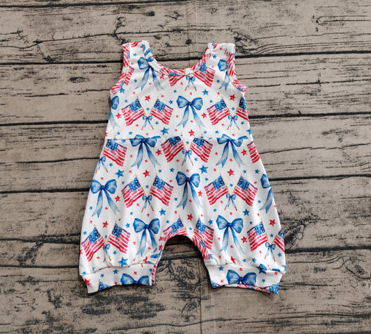 Baby Infant Girls 4th Of July Bows Flags Sleeveless Rompers