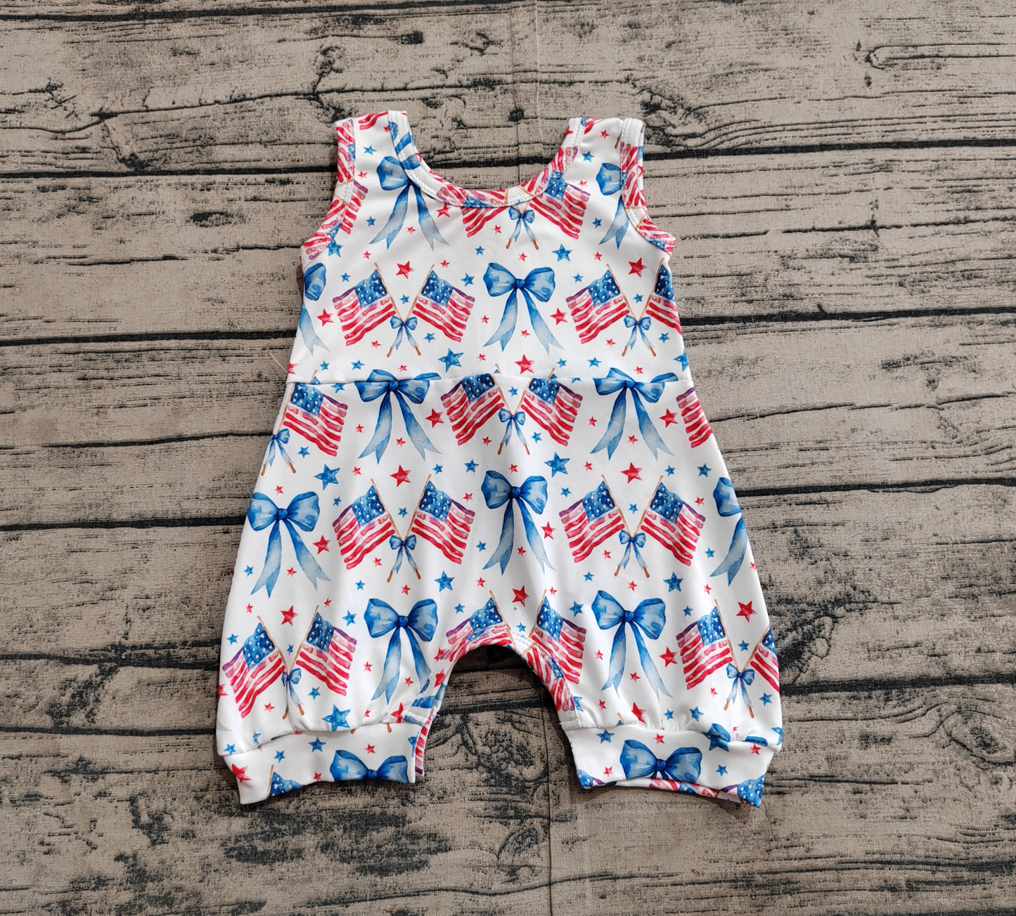 Baby Infant Girls 4th Of July Bows Flags Sleeveless Rompers