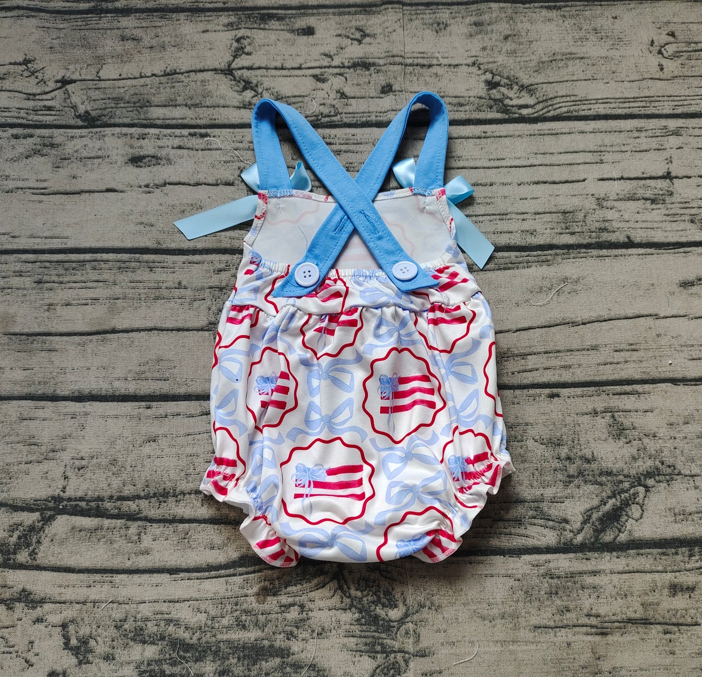 Baby Infant Girls 4th of July Blue Bows Flag Straps Rompers
