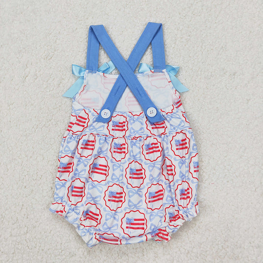 Baby Infant Girls 4th of July Blue Bows Flag Straps Rompers