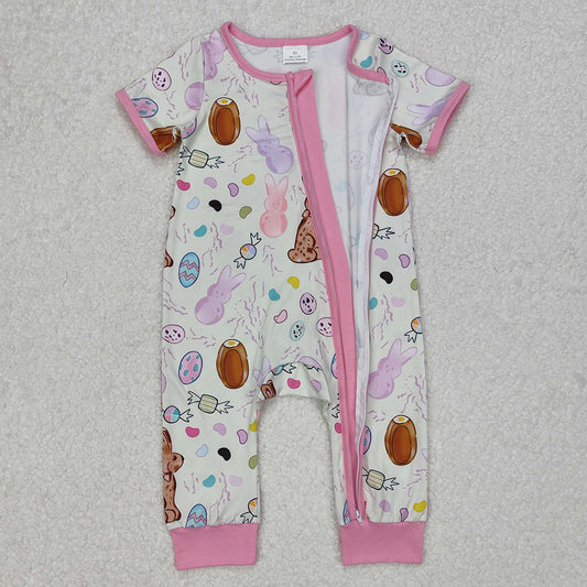 Baby Infant Girls Pink Easter Rabbits Zip Rompers