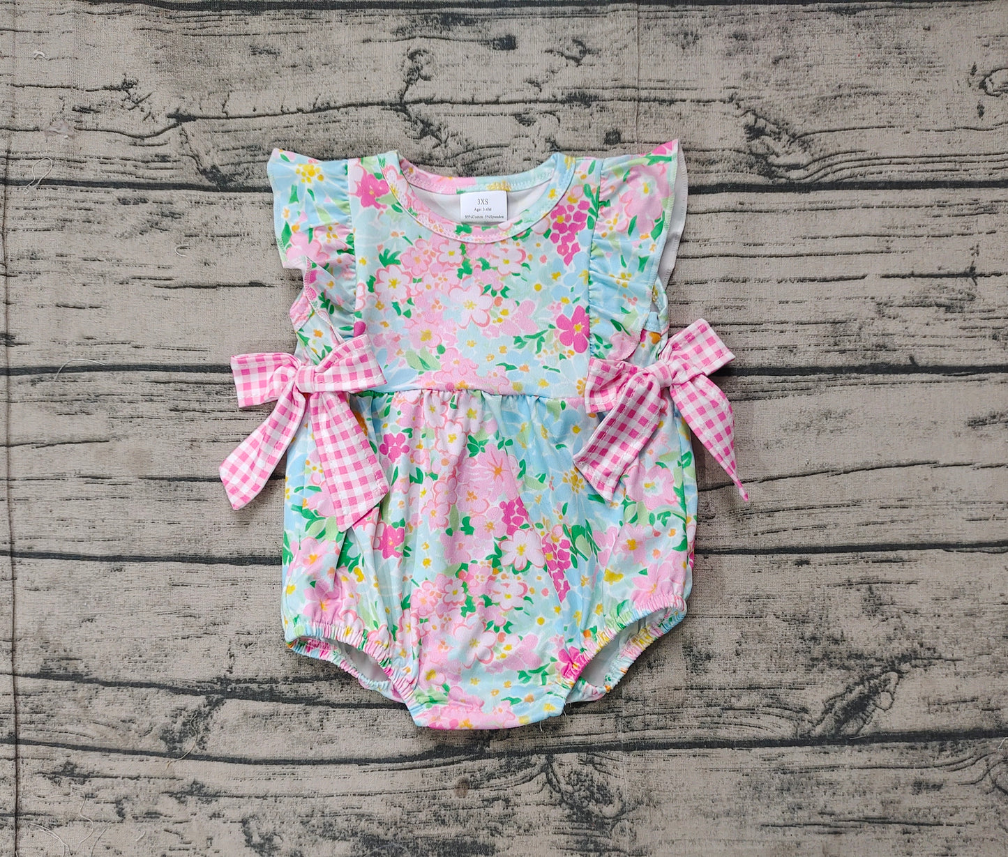 Baby Infant Girls Blue Pink Flowers Bows Rompers