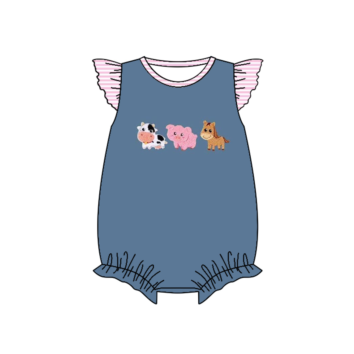 Baby Infant Girls Blue Farm Animals Flutter Sleeve Rompers preorder