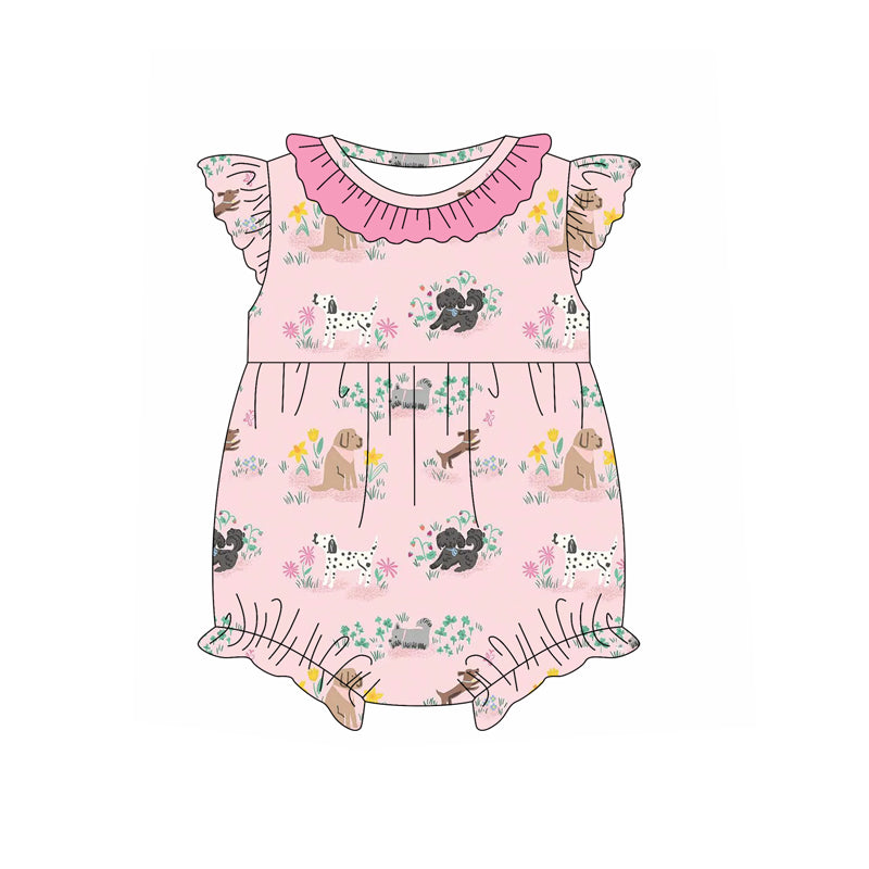 Preorder moq 5 Baby Infant Girls Pink Flutter Sleeves Animal Dogs Ruffle Rompers