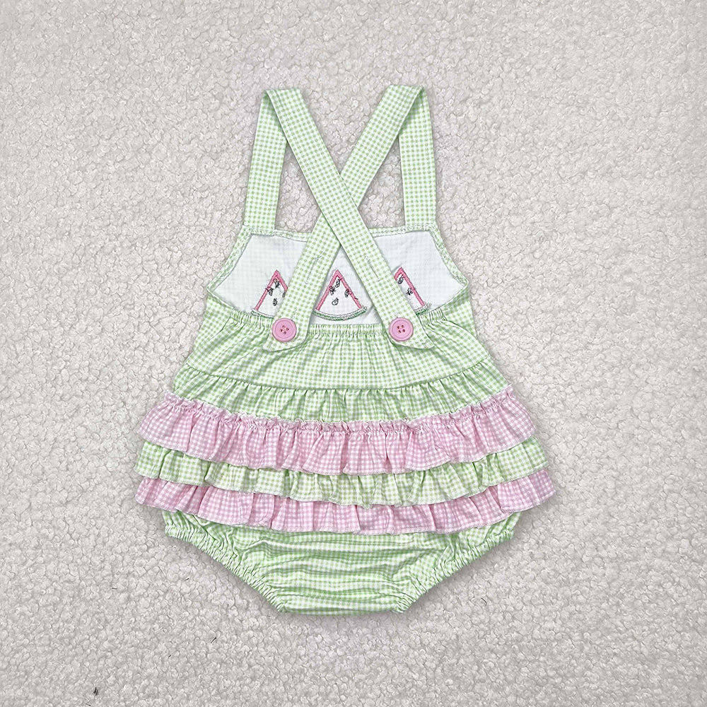 Embroidery Baby Infant Girls Summer Wateremelon Green Ruffles Rompers