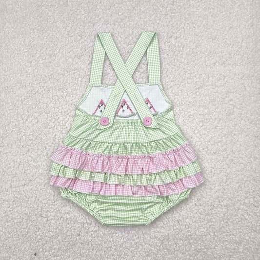 Embroidery Baby Infant Girls Summer Wateremelon Green Ruffles Rompers