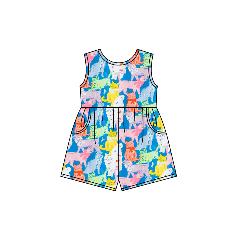 Preorder moq 5 Baby Girls Colorful Cats Bows Pockets Jumpsuits