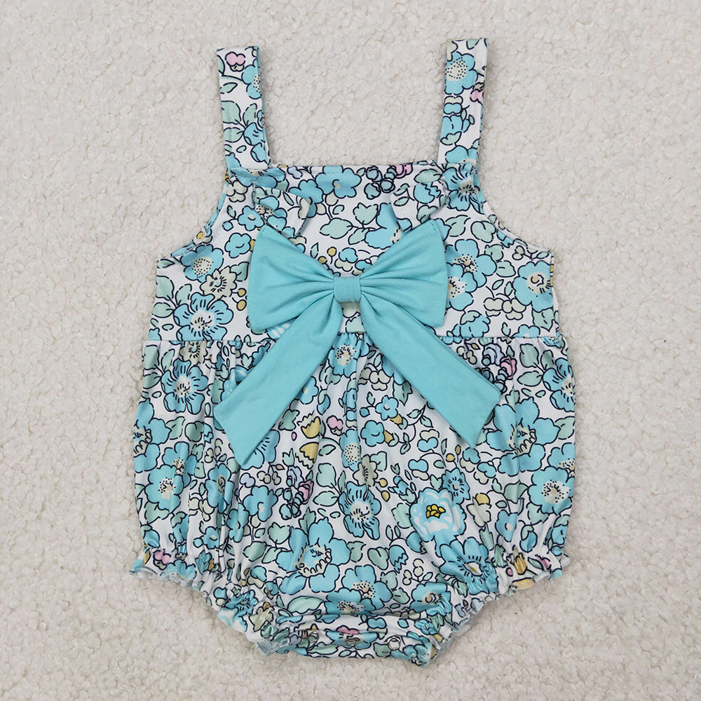 Sibling Baby Girls Blue Flowers Big Bow Rompers Dresses