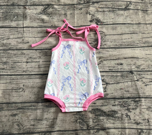 Baby Infant Girls Blue Bows Flowers Straps Rompers