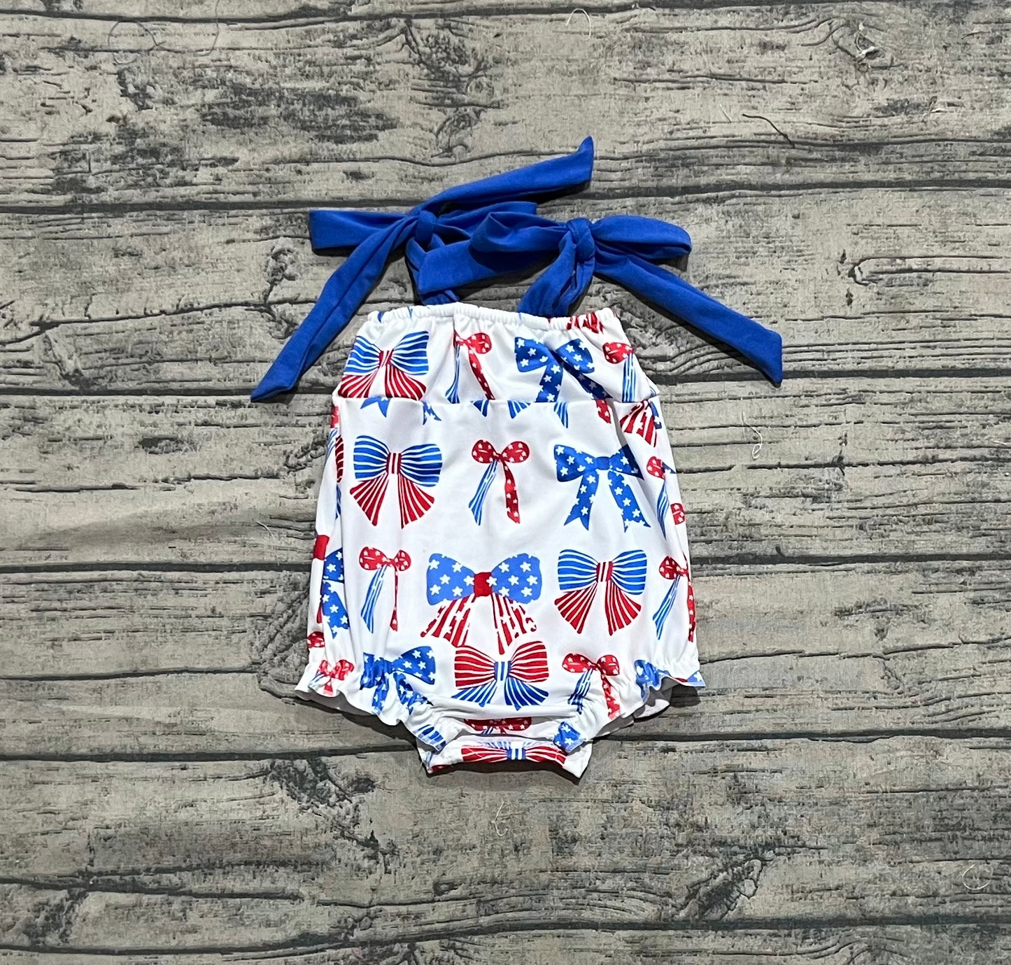 Baby Infant Girls Blue Strap Red Bows Stars 4th Of July Rompers