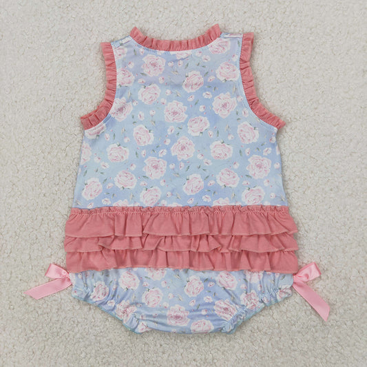 Baby Infant Girls Pink Ruffle Sleeveless Little Sister Floral Rompers