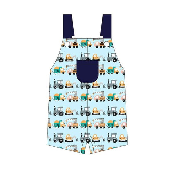 Preorder moq 5 Baby Boys Excavators Trucks Plaid Pocket Shorts Rompers