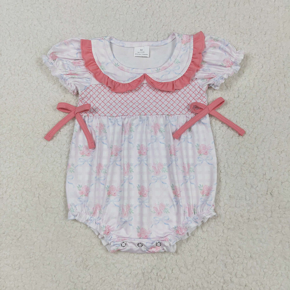 Embroidery Baby Girls Pink Bows Rompers Outfits Sets