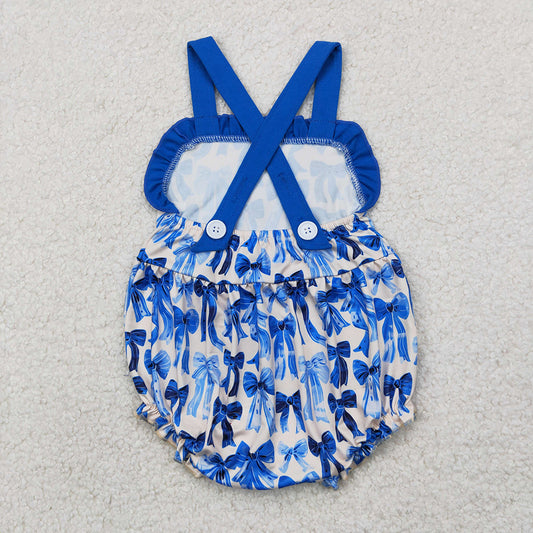 Baby Infant Girls Blue Strap Bows Ruffle Rompers