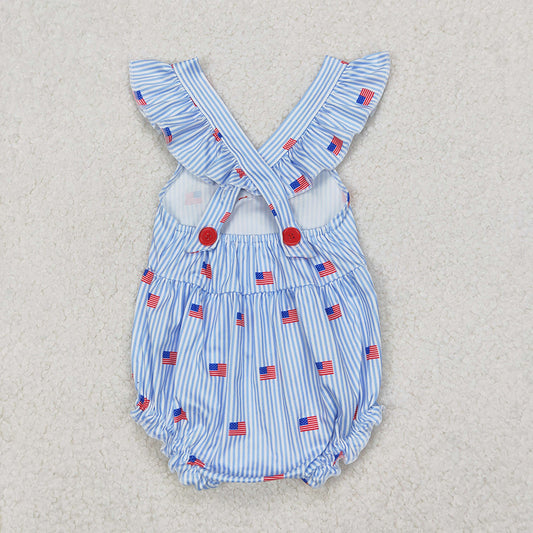 Baby Infant Girls Blue Stripe Flags Bow 4th Of July Rompers