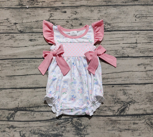 Embroidery Baby Infant Girls Pink Flutter Sleeves Floral Bows Top Ruffle Rompers