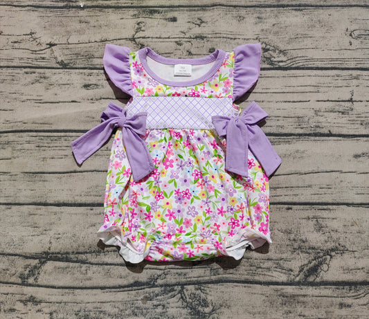 Embroidery Baby Infant Girls Lavender Flutter Sleeves Floral Bows Top Ruffle Rompers