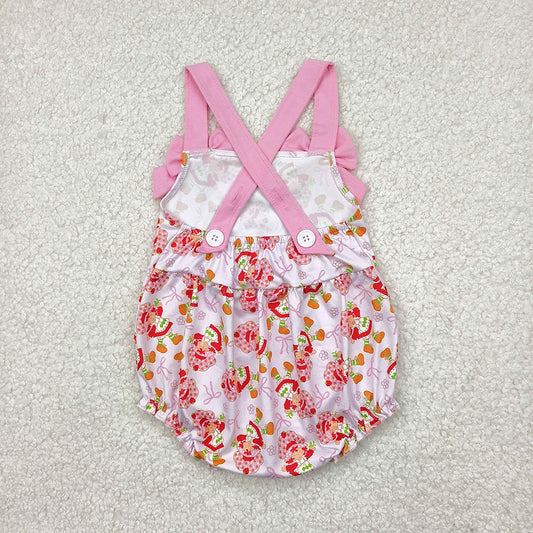 Baby Infant Girls Pink Bows Strap Bows Strawberry Ruffle Rompers