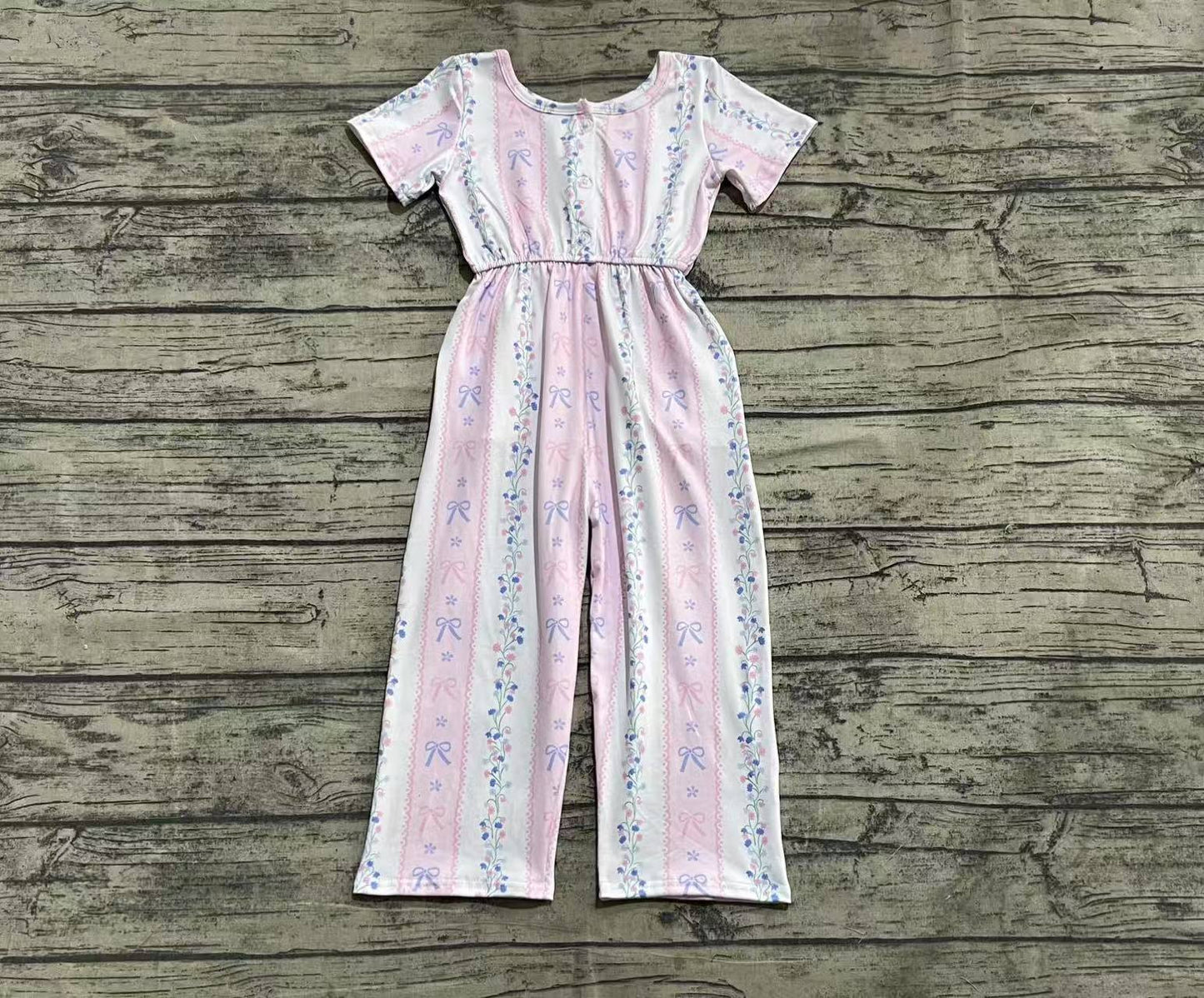 Baby Girls Pink Short Sleeves Bows Floral Pockets Jumpsuits
