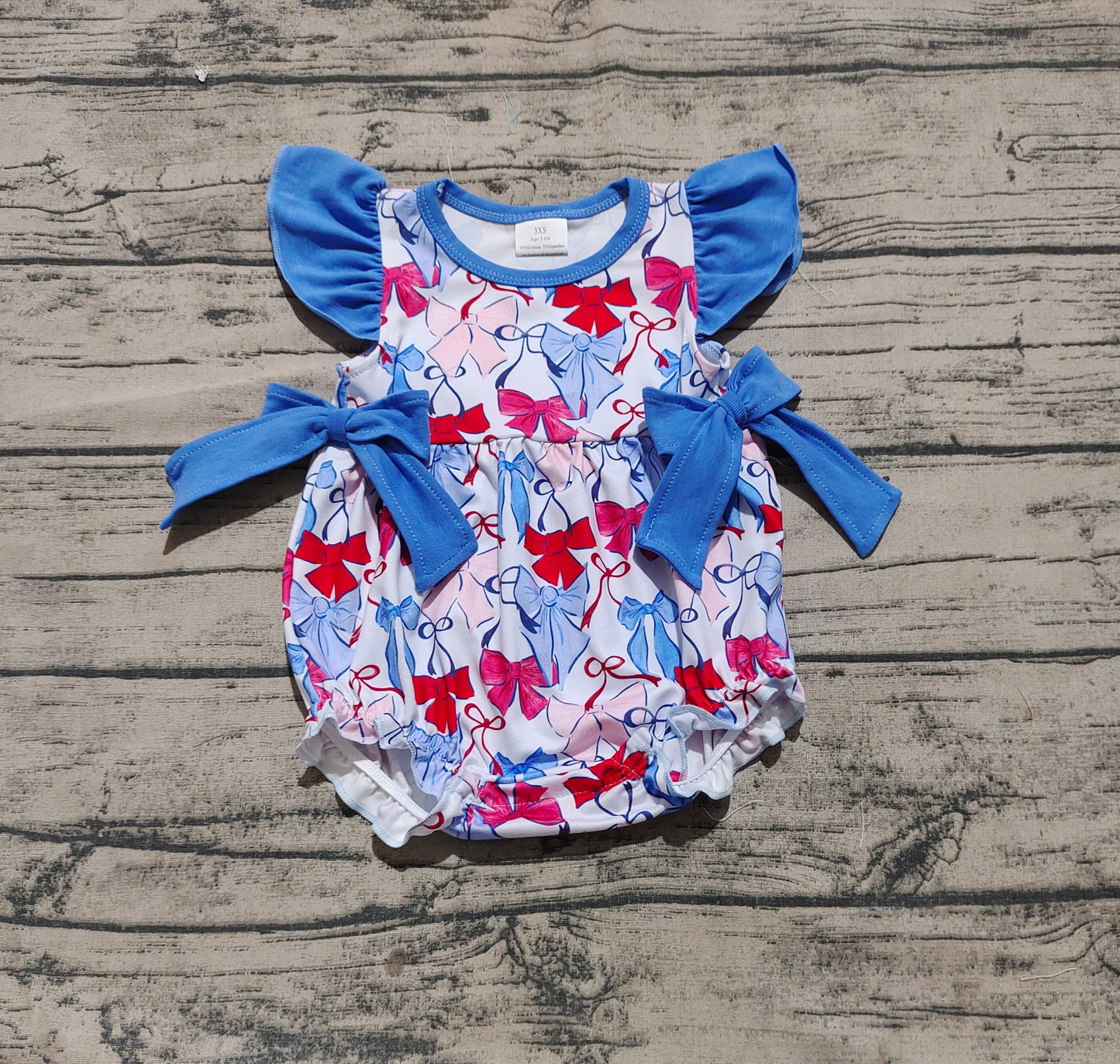 Baby Infant Girls Flutter Sleeves Blue Hot Bows 4th Of July Ruffle Rompers