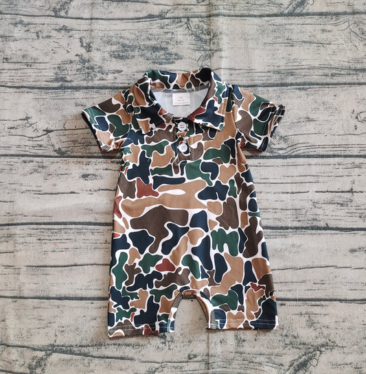 Baby Infant Boys Short Sleeves Dark Brown Camo Button Rompers