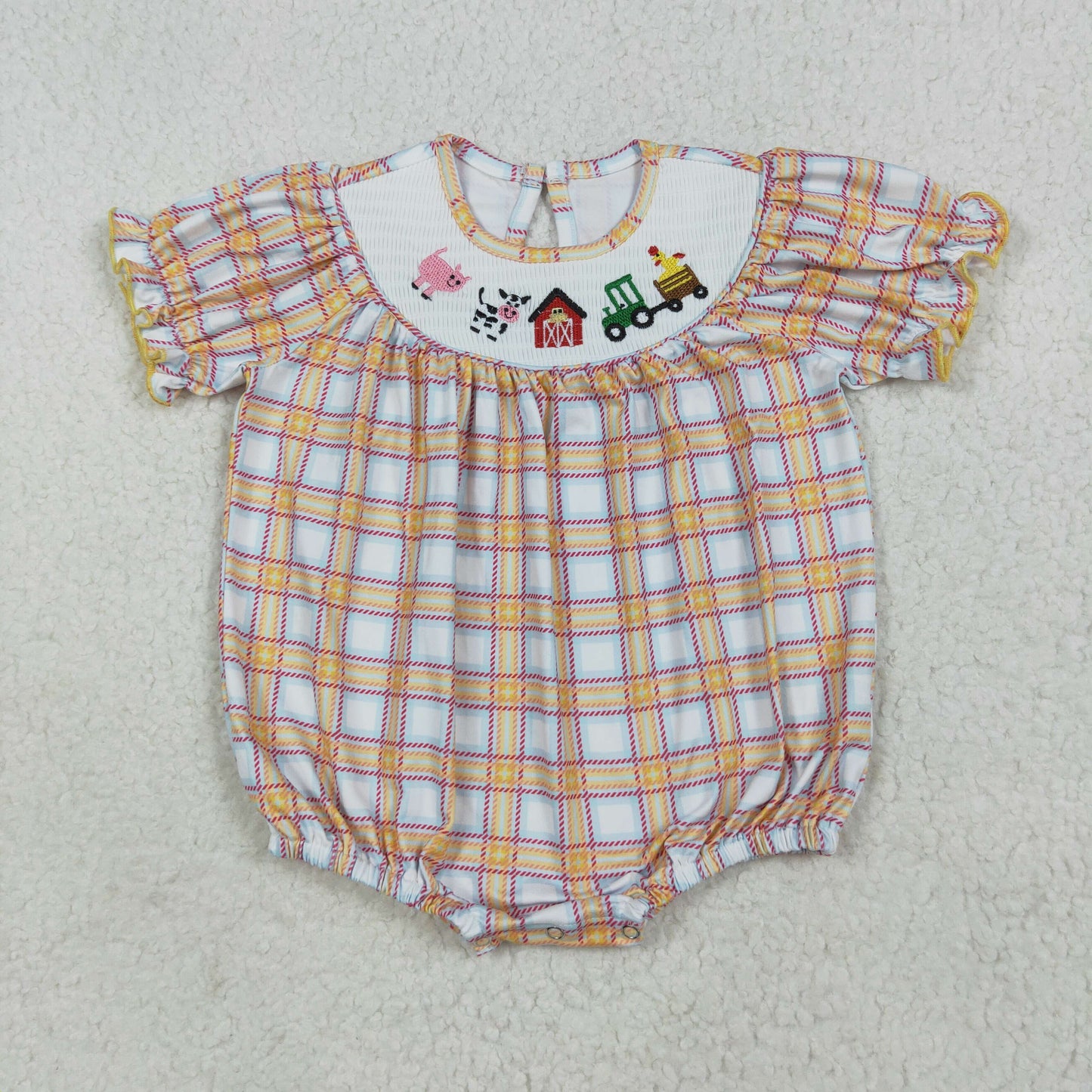 Sibling Baby Girls Fall Plaid Cows Farm Smocked Rompers Dresses