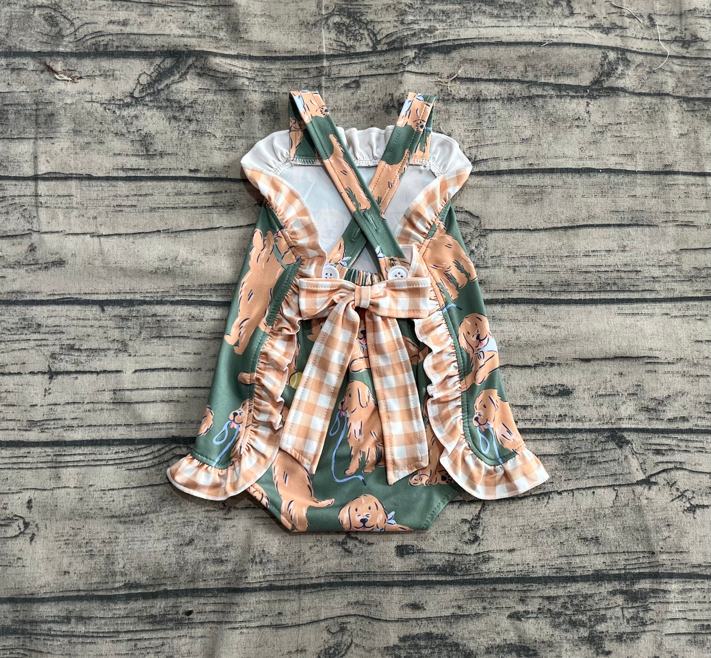Baby Infant Girls Green Strap Dogs Ruffle Rompers